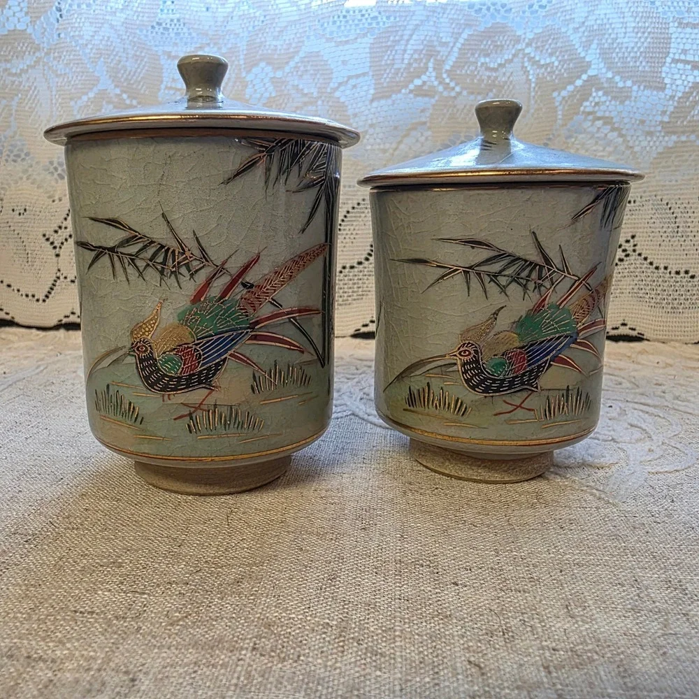 Kutani Japanese Tea Cups Set 2 Green Pheasant Bamboo Crackle Glaze Lidded Yunomi